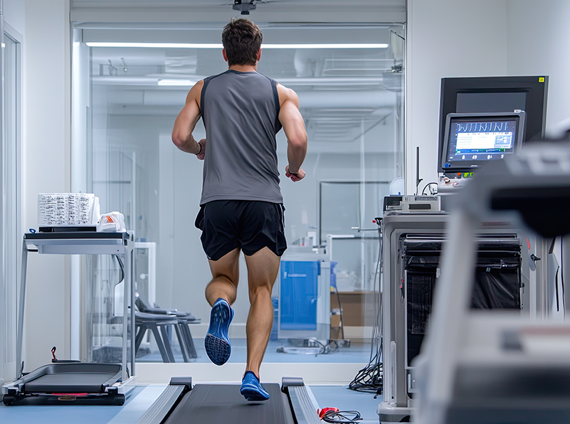 Man running on a treadmill in a research area